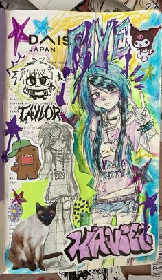 an art journal is covered in graffiti and drawings, with a cat on the cover