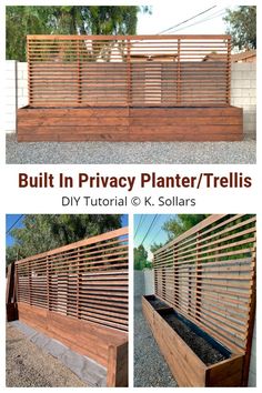 an image of a wooden planter and trellis with text overlay that reads built in privacy planter / trellis diy