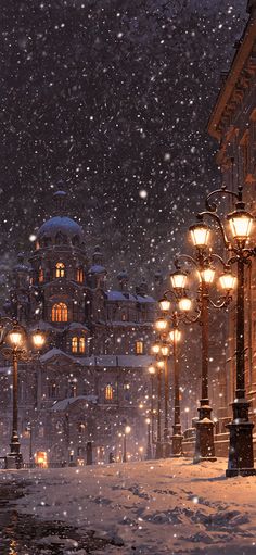 a snowy night in the city with street lamps and buildings lit up by street lights