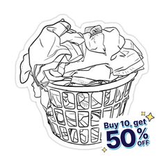 a laundry basket with clothes in it and the text buy 10 get 50 % off