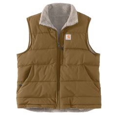 Zip into this women's insulated vest for an extra layer when the temperature drops. Built to last from durable nylon fabric, it blocks wind and sheds light rain. Lightweight insulation and a sherpa fleece lining keep your core warm. It's reversible, so you can wear the sherpa side on the outside when you want to mix it up.Features4.5-ounce, 100% silicone-coated nylonReversible sherpa-lined interior; Polyester insulation for lightweight warmthCarstrong® durable reinforced fabric prevents wear and Womens Utility Vest, Blown In Insulation, Carhartt Vest, Work Vest, Boot Barn, Utility Vest, Carhartt Womens, Womens Puffer Vest, Carhartt Women