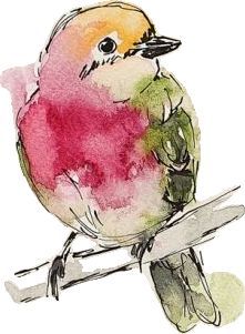 a watercolor painting of a bird sitting on a branch with pink and green feathers