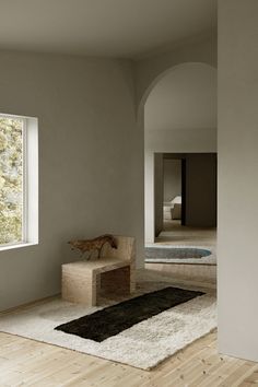 an empty room with white walls and wood floors, along with a black rug on the floor