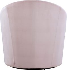 the back of a pink velvet chair with black metal legs and an oval shaped foot rest