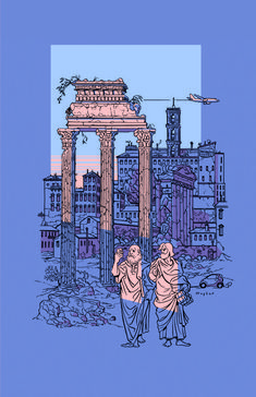 two women are standing in front of an old building with columns and trees on it