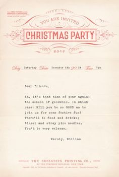 an old fashioned christmas party letter with red writing on it's front and back