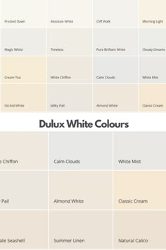 dulux white colours showing swatches of all of their white shades with brilliant white and yellow based undertones. Dulux Lounge Colours, Kitchen Paint Colours Dulux Wall Colors, White And Cream Paint Combinations, Dulux Vintage Linen, Off White Wall Colour Living Rooms, Off White Paint Dulux Wall Colors, Off White Dulux Paint, Dulux Interior Paint Colours White, Paint Colours For House Interior