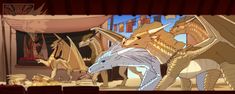 an animated scene with several different types of animals and people in the background, including two dragon like creatures