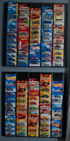 two shelves filled with different types of toy cars