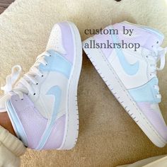 New With Box Nike Air Jordan 1 Mid Customized With Paint. Hand Painted With High Quality Leather Paint. Baby/ Pastel Pink. These Are Youth Size Converted Into Women's Sizes. 20s Clothes, Baddie Shoes, Cute Jordans, Nike Shoes Women Fashion, Air Force One Shoes, Painting Shoes, Grunge Fits, Churros Recipe, Nike Shoes Air Force