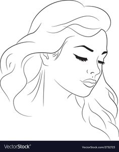 a woman's face with long hair and eyes closed in black and white line art