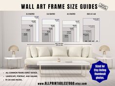 the wall art frame size guide is shown in three different sizes, including two sofas and