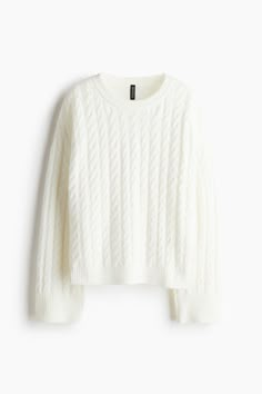 Loose-fit sweater in a soft cable knit. Round neckline  dropped shoulders  and long sleeves. Ribbing at neckline  cuffs  and hem. Womens Cream Sweater, Green Sweater Women, Womens Grey Sweater, Womens Black Sweater, Fall Winter Fashion Trends, Fall Sweaters For Women, Winter Arc, Wool Sweaters Womens, Loose Fit Sweater