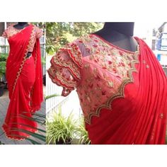 Red chiffon georgette embroidered partywear saree Indian Saree Blouses Designs, Maggam Work Blouse Designs, Red Chiffon, Trendy Blouse Designs, Blouse Neck Designs