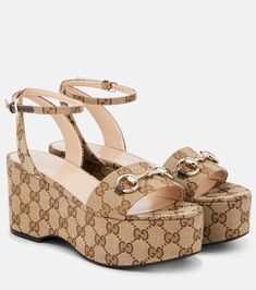 Horsebit GG Canvas platform sandals in beige - Gucci | Mytheresa Gucci Platform Sandals, Gucci Sandals, Latest Sandal, Canvas Sandals, T Strap Flats, Mid Heels Pumps, Mid Heel Sandals, Gucci Horsebit, Ankle Strap Wedges