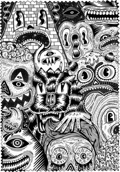 black and white doodle drawing of monsters with eyes in the center, surrounded by other creatures