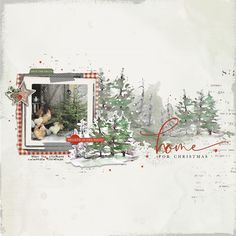 a scrapbook page with christmas trees and an image of a dog in the woods