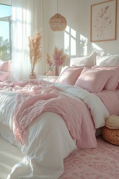 a bedroom with pink and white bedding in the sun shining through the window, along with a wicker basket on the floor