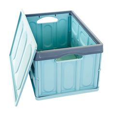 a blue plastic storage box with lid open