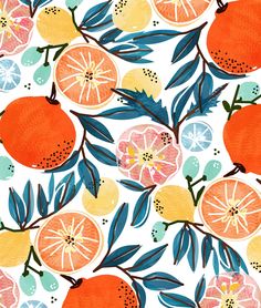 an orange and pomegranate pattern is shown on a white background with blue leaves