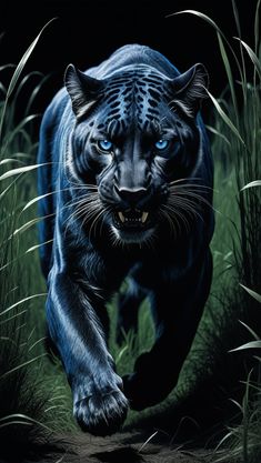 a painting of a black tiger running through tall grass with its mouth open and glowing blue eyes