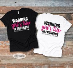 Warning Girl's Trip In Progress would make the best Girl's Weekend Shirts, perfect for a Bachelorette Party or Birthday Celebration. Personalize your Matching Friends Shirts with a special saying. These would be great for a Cruise or Vacation Shirts. Buy 3 or more shirts and save 10% with code 3SHIRTS. Colors can be changed upon request. These shirts are all made to order - design may vary slightly. Vinyl is adhered with a high temperature heat press. Shirts: Adult Unisex Tshirts. These shirts a Girls Weekend Shirts, Matching Friend, Baby Pjs, Girls Trip Shirts, Custom Baby Gifts, Going Home Outfit, Cruise Shirt, Family Christmas Shirts, Bachelorette Party Shirts