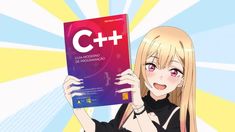 a woman holding up a book in front of her face with the letter c on it