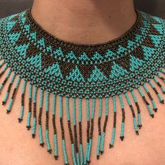 Statement Necklace Fully Beaded Blue Beaded Fringe Jewelry Gift, Blue Beaded Fringe Jewelry As A Gift, Blue Beaded Fringe Jewelry For Gifts, Blue Bohemian Beaded Choker Necklace, Bohemian Blue Beaded Choker Necklace, Blue Large Beads Choker For Festival, Blue Bib Necklace With Large Beads, Handmade Blue Turquoise Choker Necklace, Blue Choker With Large Beads For Festivals