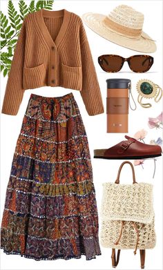 Embrace bohemian charm with our earthy maxi skirt paired with a cropped cardigan and woven accessories. This outfit exudes effortless style and natural beauty, perfect for a laid-back yet chic look. Scotland Clothes, Look Expensive On A Budget, How To Look Expensive, Curated Closet, Clothes Jewelry, Makeup Mistakes, Dark Autumn, Winter Boho, Modest Clothing