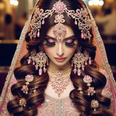 a woman with long brown hair wearing a pink and gold bridal gown, jewelry and makeup