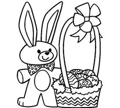 a coloring page with an easter bunny holding a basket full of eggs and a bow