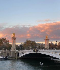 a bridge that is over some water and has statues on the top of it,