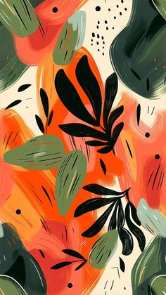 an orange and green painting with black leaves