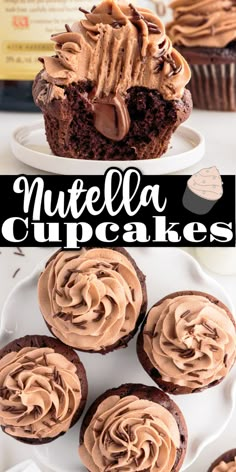 chocolate cupcakes with nutella frosting on top and the title overlay reads, nutella cupcakes