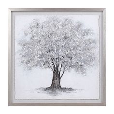 a drawing of a tree with white leaves on the trunk and branches, in a silver frame