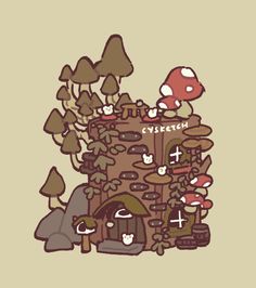 a mushroom house surrounded by trees and mushrooms with the word cyxerish written on it