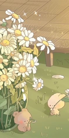 an animated image of two bears playing with daisies