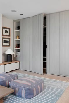 a living room filled with furniture and lots of closet space next to a wall mounted tv