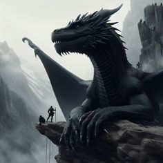 a black dragon sitting on top of a cliff next to a person standing in front of it