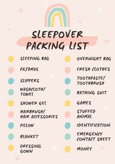 the sleepover packing list is shown on a pink background with rainbows and stars