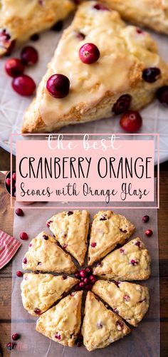 cranberry orange scones with orange glaze are on a plate next to a pie