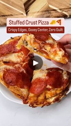 someone is cutting into a pepperoni pizza on a plate with the words stuffed crust pizza crispy edges, gooey center zero built