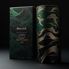 the packaging is designed to look like it has gold and green designs on its side