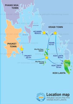 a map showing the location of phu kea island and its surrounding areas, including krabi town