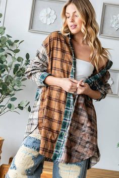 Expertly crafted and imported, the Mustard Mix Plaid Button Front Oli&Hali Shirt offers a relaxed fit and true-to-size, mineral washed design. Perfect for adding a touch of style to any outfit, our model showcases the effortless look of the size "S" shirt. Oversized Fall Shirt For Layering, Oversized Shirt For Layering In Fall, Oversized Shirt For Fall Layering, Cotton Shirt With Buttons For Layering, Cotton Button-up Shirt For Layering, Fall Casual Button-up Shirt, Oversized Button-up Shirt With Patchwork, Fall Patchwork Button-up Flannel Shirt, Casual Button-up Patchwork Shirt