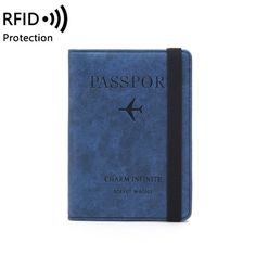 a blue passport book with an airplane on the front and black trimming around it