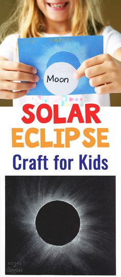 a girl holding up a solar eclipse craft for kids