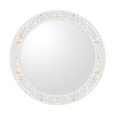 a round mirror with white and gold mosaic tiles on the edges, in front of a white background