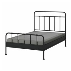 STJÄRNÖ bed frame, anthracite/Lyngör dark gray, Full. STJÄRNÖ is a classic bed frame with decorative details that add a twist to the steel design – and LYNGÖR mattress base gives extra height and helps your mattress keep its shape for longer. Top frame/ Bottom headboard rail/ Headboard leg/ Footboard/ Bottom footboard rail/ Bedside/ Foot ring: Steel. Sagstua Bedroom, Tv Discrete, Bed Textiles, Bed Base Frame, Mattress Base, Organized Bed, High Headboard, Laminated Veneer Lumber, Foot Ring