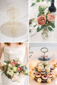 four different pictures with cupcakes and flowers in vases on the table next to each other